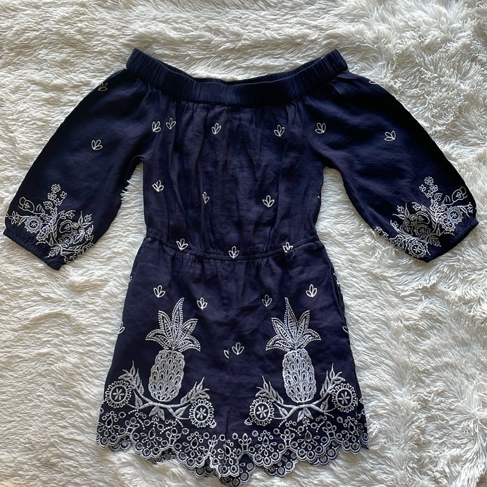 Farm Rio for Anthropologie Linen Embroidered Jackie Romper Navy XS